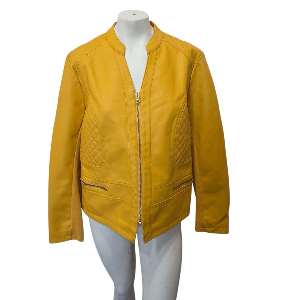 Marc New York Andrew Marc Yellow Faux Leather Moto Jacket Womens XL‎ Zip
